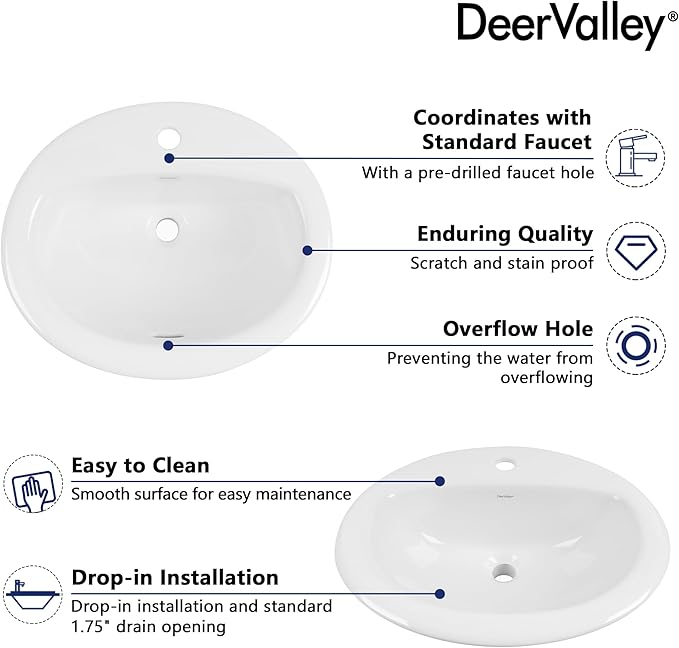 DeerValley Oval Drop-In Bathroom Sink 20x17 Inch, White Ceramic Vessel Basin with Overflow and Single Faucet Hole for Vanity Installation