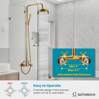 gotonovo Exposed Shower System Wall Mount,Antique Brass,Metal Handheld | 8” Rain Shower Head Faucet Set Fixtures,2 Function,Two Cross Handle,Height Adjustable,for 5-6.7" Hole,Indoor Victorian Retro