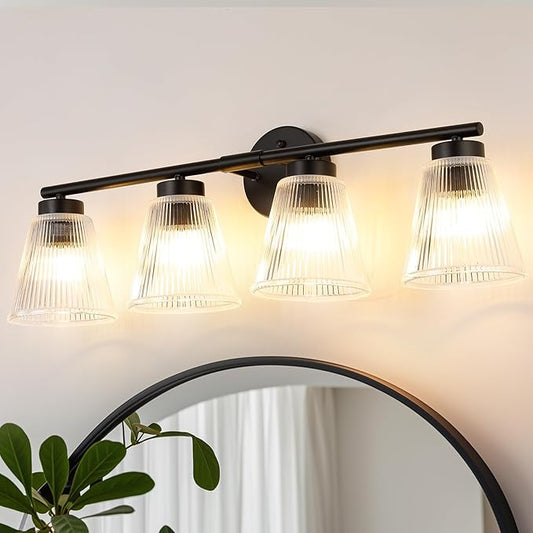 OCIOC Bathroom Vanity Light, 4-Light Modern Matte Black Wall Sconce with Glass Shade, Black Wall Light fixture, Bath Vintage Wall Mounted Lamps for Mirror Bedroom,Living Room