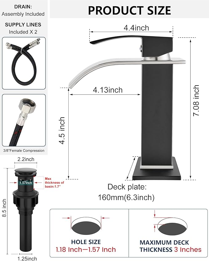 Midanya Bathroom Faucet with Waterfall Spout, Single Hole or 3-Hole Deck Mount, 304 Stainless Steel Sink Faucet with Pop-Up Drain, RV Vanity Compatible,Brushed Nickel Spout/Matte Black