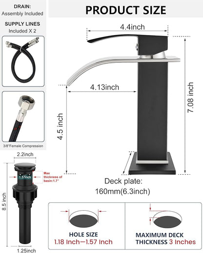 Midanya Bathroom Faucet with Waterfall Spout, Single Hole or 3-Hole Deck Mount, 304 Stainless Steel Sink Faucet with Pop-Up Drain, RV Vanity Compatible,Brushed Nickel Spout/Matte Black