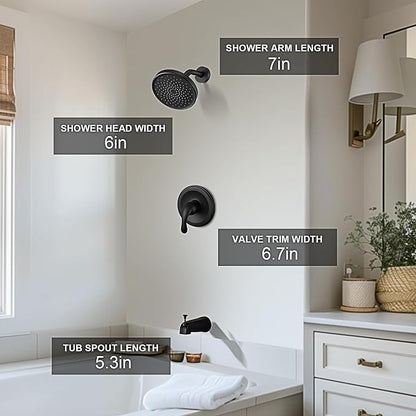Black Tub Shower Faucet Set - 6 Inch Black Shower Head and Handle Set, High Pressure Bathtub Shower Faucet Set with Rain Shower Head and Tub Spout Single-Spray, Pressure Balancing Valve Included