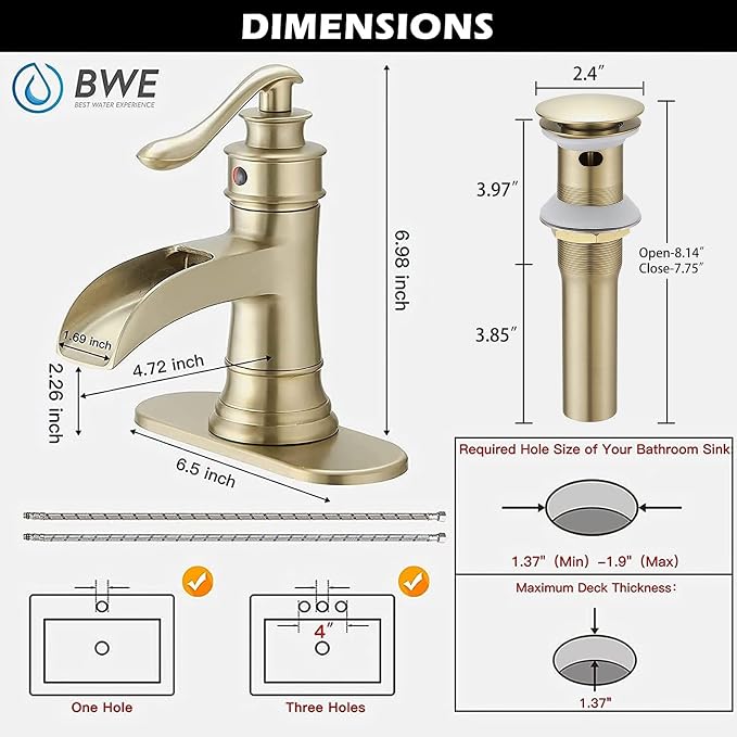 BWE Brass Gold Waterfall Sink Faucet for Modern & Traditional Bathroom | Wide Waterfall Spout, Ceramic Cartridge, Fits 1 or 3-Hole Sink, Single Handle, Hardware Kit Included, Not for Vessel Sink