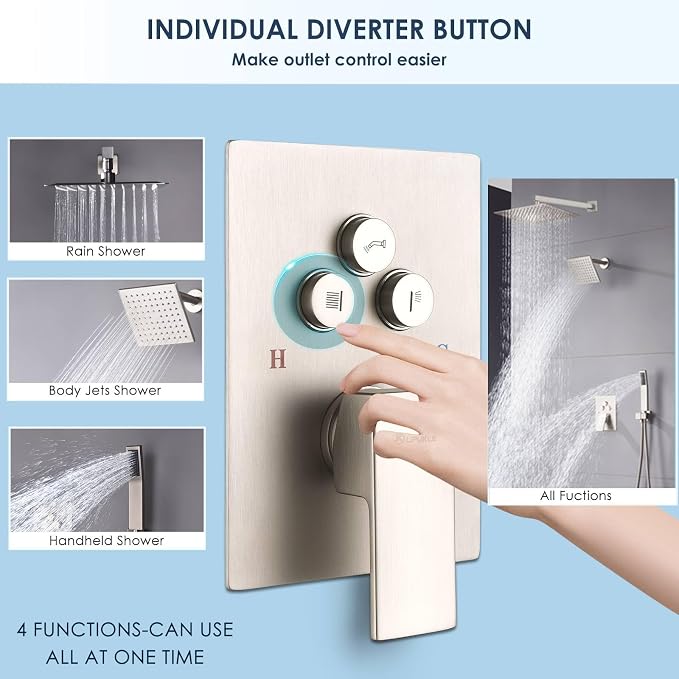 Dual Rainfall Shower Head System Brushed Nickel, 3-Function Push Button Shower Faucet Set with 12" Wall Mount Rain shower head and 6" Wall Mount Shower Head, Pressure Balance Rough-in Valve
