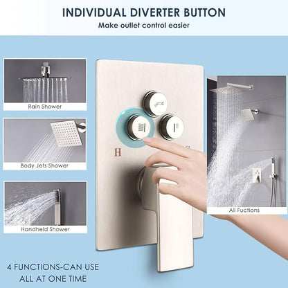 Dual Rainfall Shower Head System Brushed Nickel, 3-Function Push Button Shower Faucet Set with 12" Wall Mount Rain shower head and 6" Wall Mount Shower Head, Pressure Balance Rough-in Valve