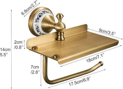 Toilet Paper Holder with Phone Shelf, Bathroom Toilet Paper Roll Holder Antique Bronze Brass Wall Mounted Bathroom Hardware Accessories,Porcelain Design