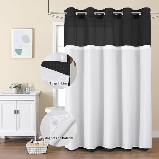 Colorful Star Black No Hook Waffle Shower Curtain with Liner, 72 x 81 Inch | Heavy Duty Thick Shower Curtain Sets with Snap in Fabric Liner and Mesh Top Window, Hotel Style Waterproof Bathroom Curtain