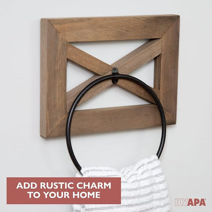 Ilyapa Towel Bar, TP Holder & Towel Ring Set, Barnwood Wood, Black Metal | Bar Accents, Wall Mounted Design, Farmhouse Bathroom Décor, Includes Mounting Hardware