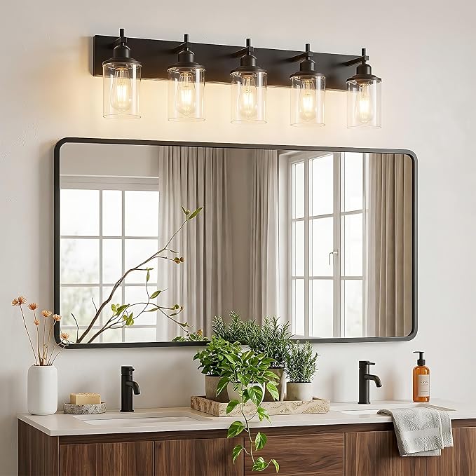 Lanhall 5-Light Black Bathroom Light Fixture Over Mirror Modern Farmhouse Bathroom Vanity Light Vintage Wall Lighting with Clear Glass Shade for Bathroom, Bedroom, Hallway, Cabinet