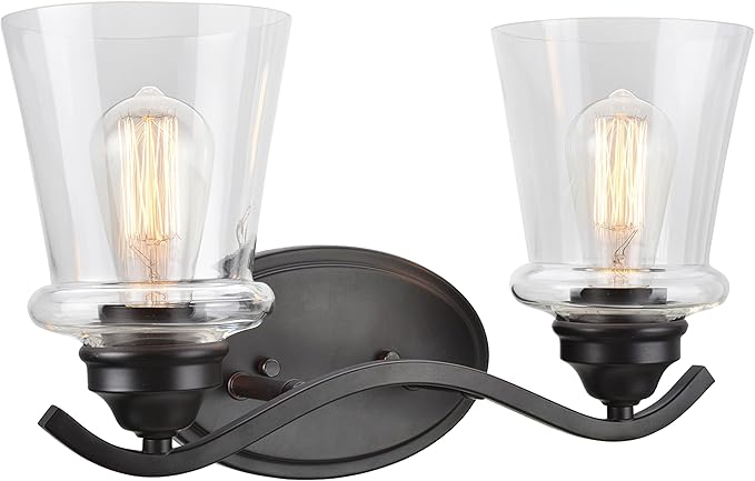 Aspen Creative 62116-2, Two-Light Metal Bathroom Vanity Wall Light Fixture, 15 1/2" Wide, Transitional Design in Oil Rubbed Bronze with Clear Glass Shade