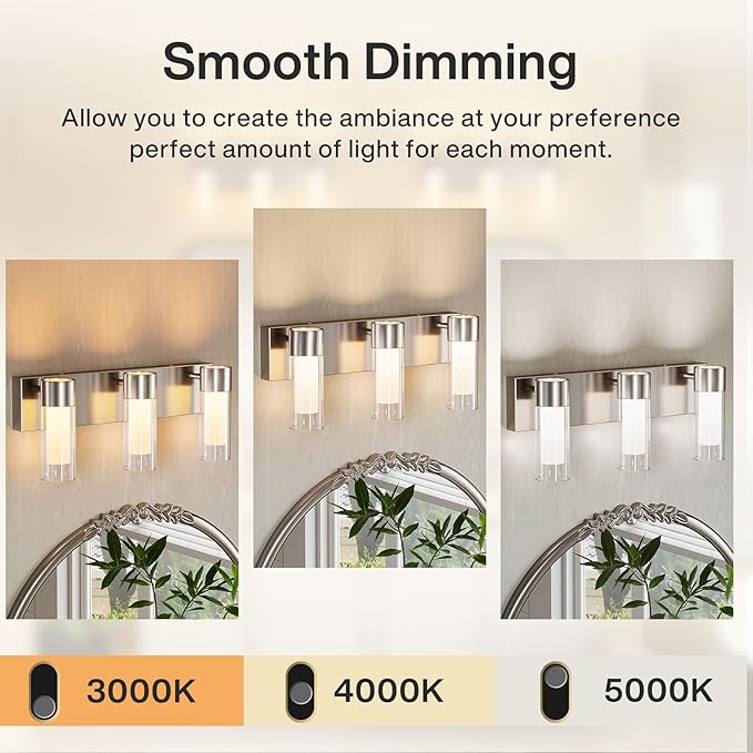 Tribesigns LED Bathroom Light Fixtures, 3-Light Vanity Lights Over Mirror, Wall Lights with 3 Color Modes & Sand Nickel Finish, Wall Sconces with Clear Glass Shades for Bathroom Hallway Bedroom