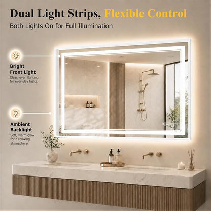 30"x48" LED Bathroom Mirror with Lights, Backlit + Front Lit, Anti-Fog | Lighted Bathroom Mirror with One-Piece Aluminum Alloy Frame, HD Shatterproof Tempered Glass, Dimmable, Memory Function