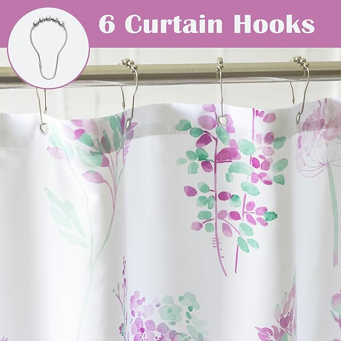 Lavender Purple and White Small Stall Shower Curtain,Waterproof Fabric Lilac and Sage Green Cottagecore Girls Shower Curtains for Bathroom Set with Hooks 36x72