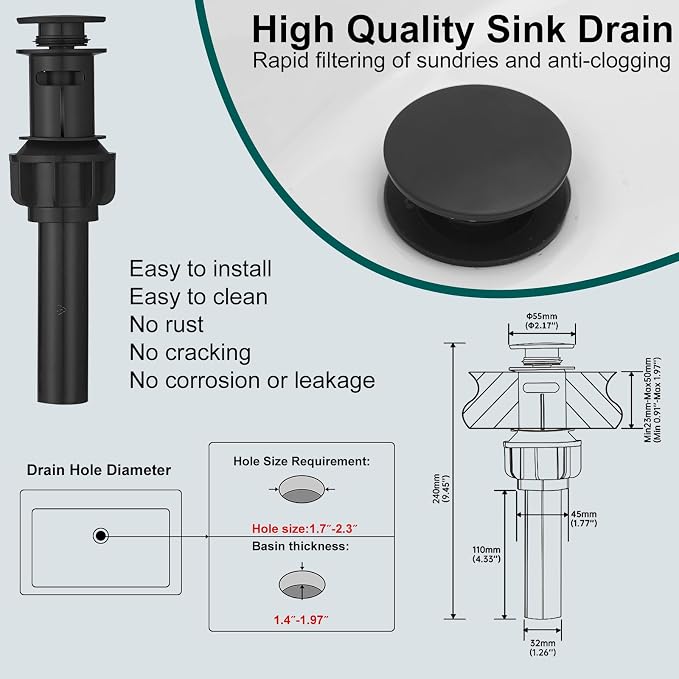 Hoimpro Bathroom Faucet 1 Hole, Single Handle Black Sink Faucets | Widespread Vanity Faucet with 6 Inch Deck Plate Pop-up Drain & cUPC Supply Line Stainless Steel, for Vanity RV Restroom