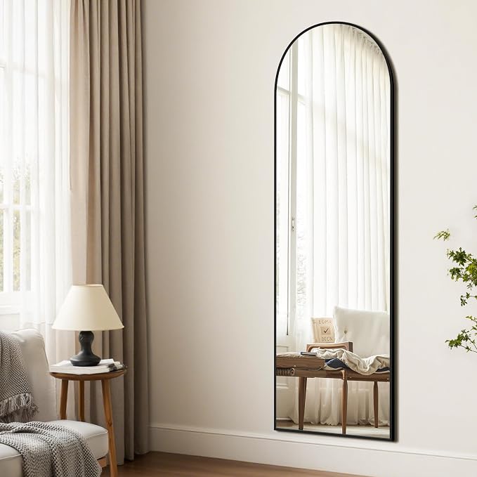 Arched Full Length Mirror, 56"x15" Standing Body Mirror for Wall, Black | Built-in Stand, HD Shatterproof Glass, Aluminum Alloy Frame, Hanging or Standing, for Bedroom, Living Room & Dressing Room