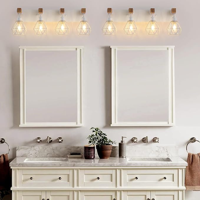 VbiTmn Bathroom Light Fixtures, 4 Light White Farmhouse Wood Vanity Lights | Rustic Design, Diamond Metal Shades, Easy to Install, Wall Sconces for Bathroom, Bedroom, Makeup Area, Over Vanity Mirror "