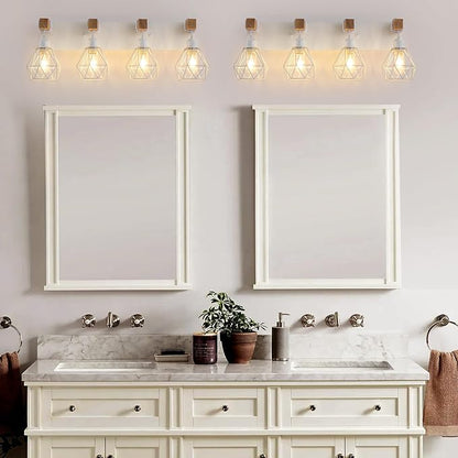 VbiTmn Bathroom Light Fixtures, 4 Light White Farmhouse Wood Vanity Lights | Rustic Design, Diamond Metal Shades, Easy to Install, Wall Sconces for Bathroom, Bedroom, Makeup Area, Over Vanity Mirror "