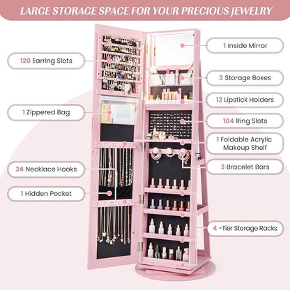 GOFLAME 360° Rotating Jewelry Cabinet with Full-Length Mirror, Freestanding Jewelry Armoire with 3-Color LED Light and Back Storage Shelf, Lockable Jewelry Organizer for Bedroom Cloakroom, Pink