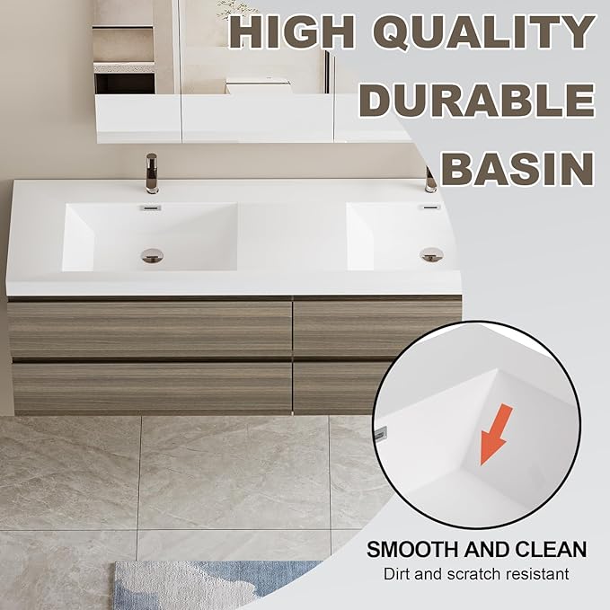 Floating Vanity Bathroom, 72 Inch Bathroom Vanity with Sink, Wall Mounted Double Sink Bathroom Vanity, Soft Closed 2 Drawers, Integrated Sink (Ash Grey)