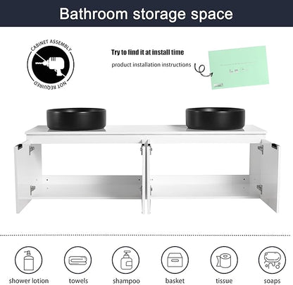 60 Inch Bathroom Vanity with Sink, 60" Floating Bathroom Vanity with Double Vessel Sinks, Modern Wall Mounted Cabinet Set, White Cabinet with 4 Doors and 2 Black Ceramic Basin Sinks, Large Countertop