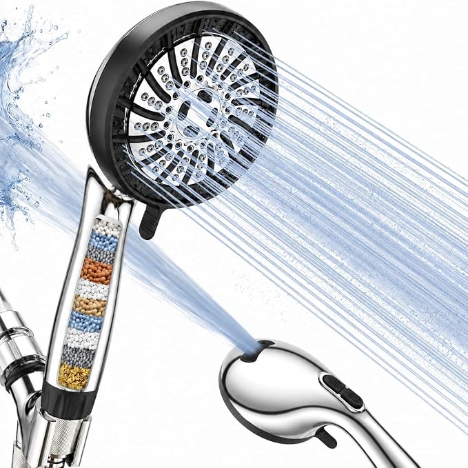 Filtered Shower Head with Handheld,High Pressure Shower Heads with Filters | 8 Mode,Built-in Power Wash,Detachable Anti-clog Nozzles Shower Heads,Water Softener,Remove Chlorine,Hose,Adjustable Bracket