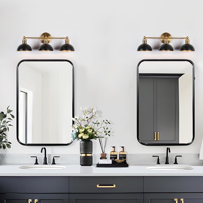 KSANA Black Brass Vanity Light, Modern Farmhouse Black and Gold Dome Bathroom Light, 3-Light Wall Lighting Fixture for Kitchen, Bedroom and Hallway