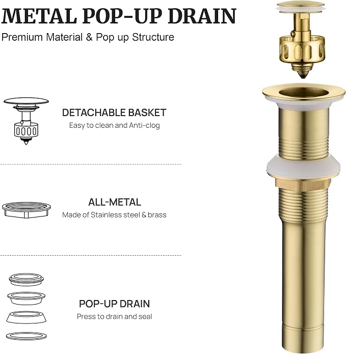 Pop up Sink Drain Stopper for Bathroom Vessel Vanity Sink Art Basin Brushed Gold, Small Cap Without Overflow, Metal Pop-up Drain Strainer with Detachable Basket Stopper | Pop Up Drain, Made of Metal, Small Cap, with Detachable Basket Stopper, Drain Fas...
