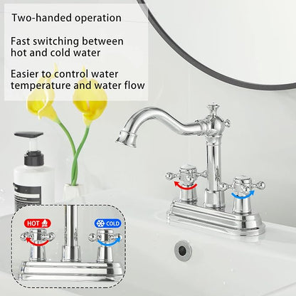 Polished Chrome Bathroom Faucet 2 Handles 4 Inches Centerset Bathroom Vanity with Drain Assembly and Supply Hose Lavatory Faucet