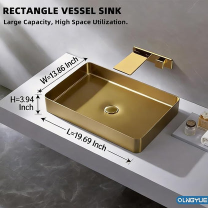 Brushed Gold Bathroom Vessel Sink: 20"x14" Rectangular Vanity Washbasin | Modern Above Counter Sinks with Stainless Stee PVD Coating Pop Up Drain for Home Hotel Office Toilet Renovation Decoration
