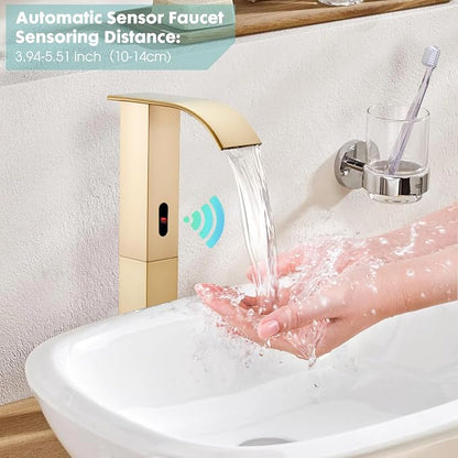 Touchless Bathroom Faucet, Automatic Sensor Bathroom Sink Tall Body Gold Faucet with Control Box, Modern Waterfall Stainless Steel Vanity Tap Single Hole and Temperature Mixer