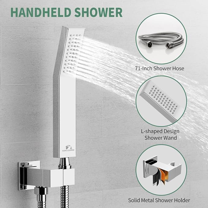 SunCleanse Rainfall Shower Faucet Set with High Pressure in Polished Chrome | Ceiling mounted shower combo set featuring a 12" square rain head, handheld spray, and rough-in mixer valve with trim.