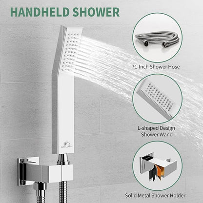 SunCleanse Rainfall Shower Faucet Set with High Pressure in Polished Chrome | Ceiling mounted shower combo set featuring a 12" square rain head, handheld spray, and rough-in mixer valve with trim.