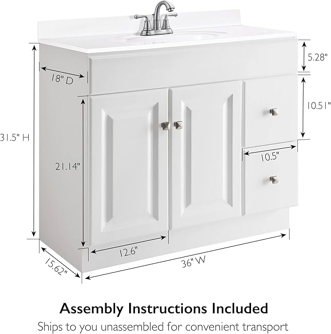 Design House Wyndham 36 Inch Bathroom Vanity, Ready to Assemble, Solid Wood, White – Design House, 597237