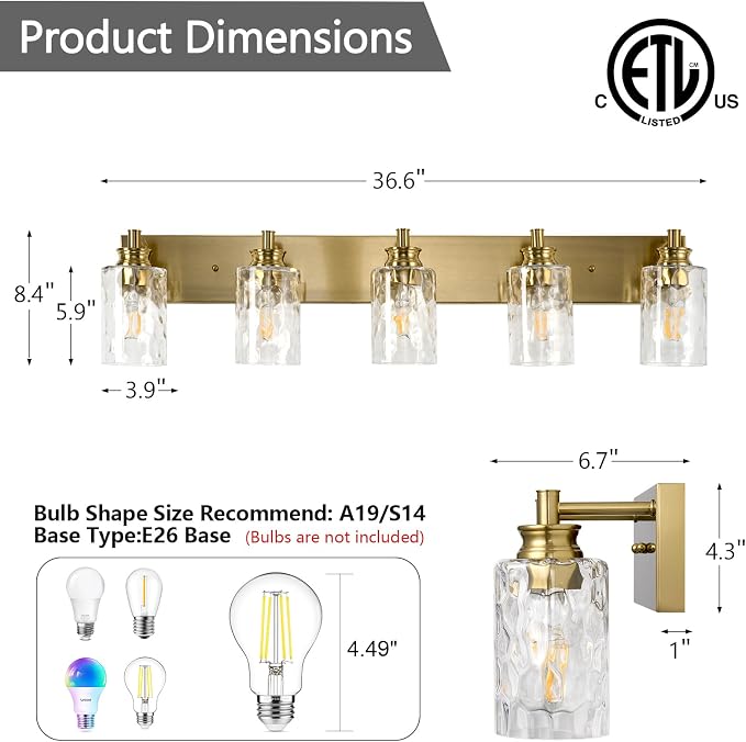 5 Light Bathroom Vanity Light Modern Brushed Gold Bathroom Light Fixtures Over Mirror with Hammered Glass Lampshade for Kitchen Hallway