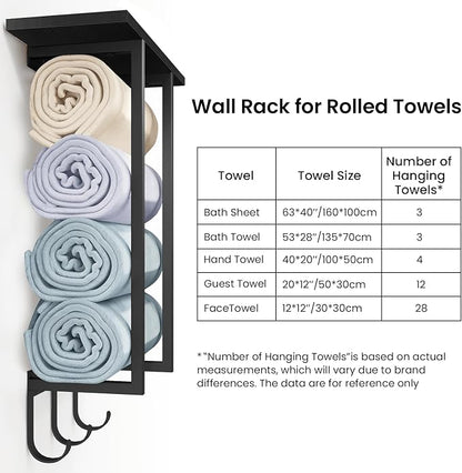 ELITEROO Towel Holder for Bathroom Wall, Wooden Towel Rack Shelf | Hanging Towel Organizer with 3 Hooks for Small Bathroom Storage, Bath Rolled Towel Shelf for RV, Camper, Black