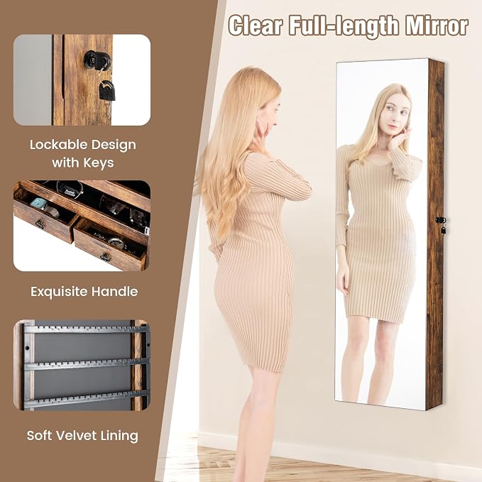 Jewelry Armoire Wall or Door Mounted, Full-Length Mirror with Storage, Lockable Mirror Jewelry Cabinet w/ 2 Drawers, LED Lights, Over the Door Jewelry Organizer Box for Women Girls