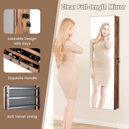 Jewelry Armoire Wall or Door Mounted, Full-Length Mirror with Storage, Lockable Mirror Jewelry Cabinet w/ 2 Drawers, LED Lights, Over the Door Jewelry Organizer Box for Women Girls