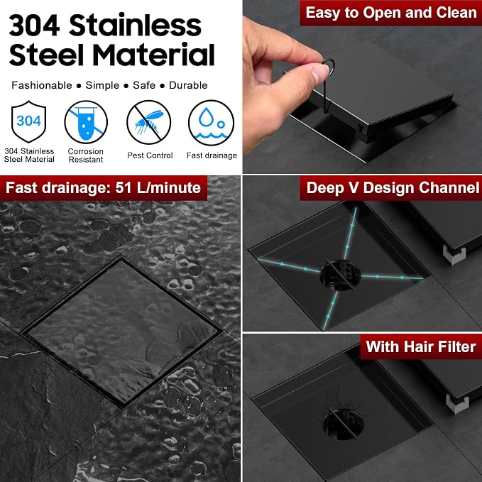 DLONE® Shower Drain | 6 Inch Matte Black with Tile Insert Panel | Square Shower Drain ,with Hair Catcher, Shower Floor Drain Fits Bathroom, Balcony etc