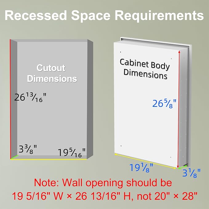 Buruis 20 x 28 Inch Framed Medicine Cabinet Mirror, Recessed/Wall Mounted | Fully Assembled, Fits 19-5/16 x 26-13/16 Inch Rough Opening, Adjustable Glass Shelves, Bathroom Storage Cabinet, White