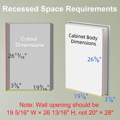 Buruis 20 x 28 Inch Framed Medicine Cabinet Mirror, Recessed/Wall Mounted | Fully Assembled, Fits 19-5/16 x 26-13/16 Inch Rough Opening, Adjustable Glass Shelves, Bathroom Storage Cabinet, White