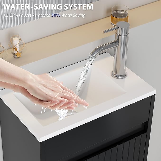 eclife 16" Small Bathroom Vanity Sink Combo, Modern Painted Wall Mounted Floating Cabinet W/Decoration Lines, Resin Basin Sink Top, Chrome Water Save Faucet & Pop Up Drain (Piano Black)