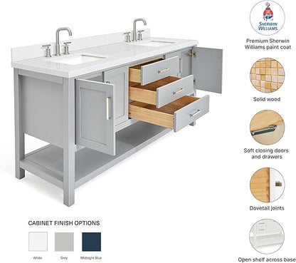 DKB Olivia 72" Grey Double Bathroom Vanity, 1.5" Edge Pure White Quartz Countertop, Rectangular Sinks, 4 Soft Closing Doors, 3 Dovetail Drawers, Open Shelf