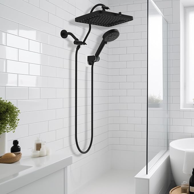 Hibbent 13'' 5-spray Rain Shower Head with 10-Spray Handheld, Matte Black | cUPC Certified High Pressure Dual Showerhead Combo, Upgraded Rainfall Shower Head, 12'' Extension Arm, 71'' Hose & Holder