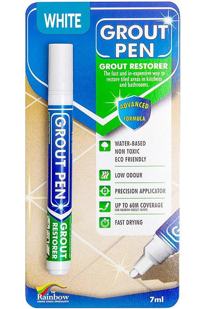 Grout Pen White Tile Grout Paint Marker Restorer - Narrow 5mm Tip (7mL) | Waterproof Grout Line Refresher for Kitchen & Bathroom, Colorant and Sealer Pens for Cleaner Looking Grout Lines - White