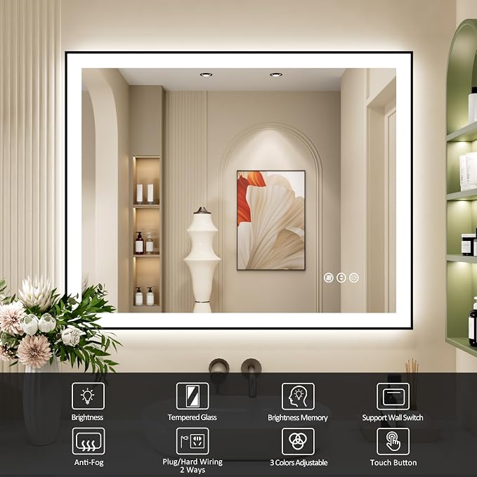 40x32 Inch LED Bathroom Mirror with Black Frame | Black Metal Frame, Front and Backlit, 3 Colors, Dimmable, Memory, Anti Fog, Tempered Glass, Lighted Mirror for Wall