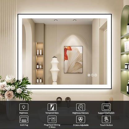 40x32 Inch LED Bathroom Mirror with Black Frame | Black Metal Frame, Front and Backlit, 3 Colors, Dimmable, Memory, Anti Fog, Tempered Glass, Lighted Mirror for Wall