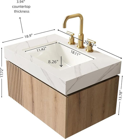 KEIKI 30 Inch Floating Bathroom Vanity with Sink, White Oak & White | Modern Wall Mounted Storage Cabinet w/ Drawer & Door, Pre-assembled Wood Panels, Sintered Stone Top & Ceramic Basin Combo Set