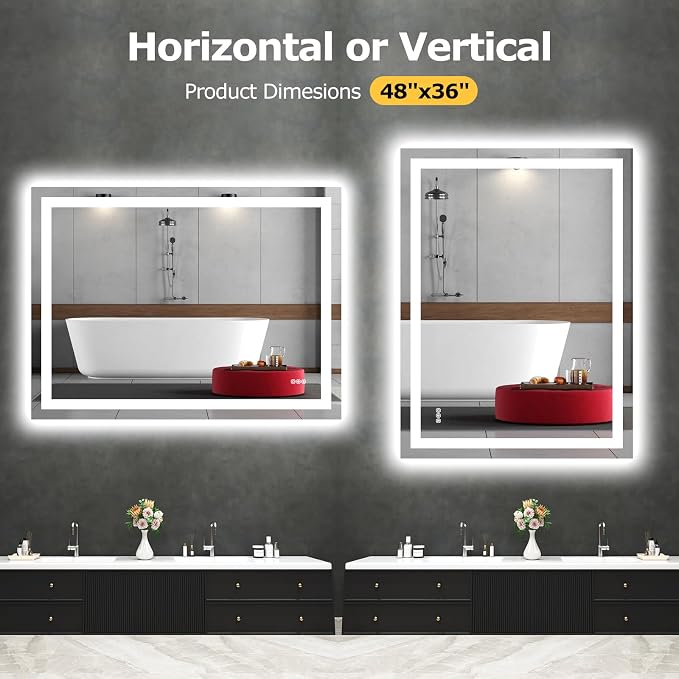 Hivone 48"X36" LED Bathroom Mirror with Lights, Anti-Fog, Dimmable, Backlit + Front Lit, Smart Bathroom Vanity Mirror, Memory Function, Shatterproof, Tempered Glass (Horizontal/Vertical)