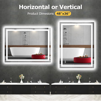 Hivone 48"X36" LED Bathroom Mirror with Lights, Anti-Fog, Dimmable, Backlit + Front Lit, Smart Bathroom Vanity Mirror, Memory Function, Shatterproof, Tempered Glass (Horizontal/Vertical)