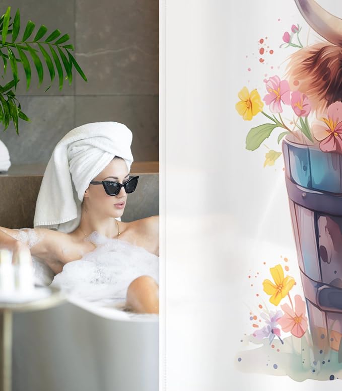 Shower Curtain for Bathroom Stall Boho Modern Cute Aesthetic Decorative Girly Waterproof Unique Highland Cow Girls Chic Print Design Teen Pretty Women Cortinas de Baño Bathtub 72 x72 Inch